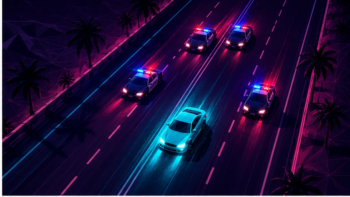 Polizei-Verfolgungsjagd mit Sirenenlicht auf neonbeleuchtetem Highway