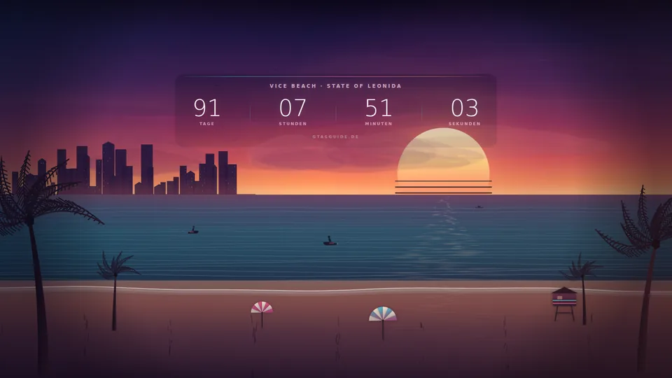 Animiertes Wallpaper: Sonnenuntergang am Vice Beach mit Palmen, Skyline und Countdown