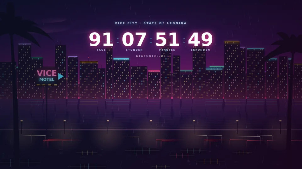 Animiertes Wallpaper: nächtliche Neon-Skyline von Vice City im Regen mit Countdown
