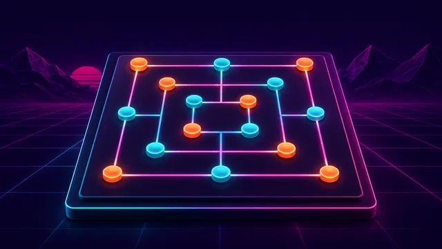 Mühle-Spielbrett mit leuchtenden Steinen im Neon-Stil