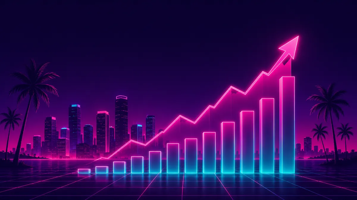 Rising neon stock chart against a skyline with palm trees