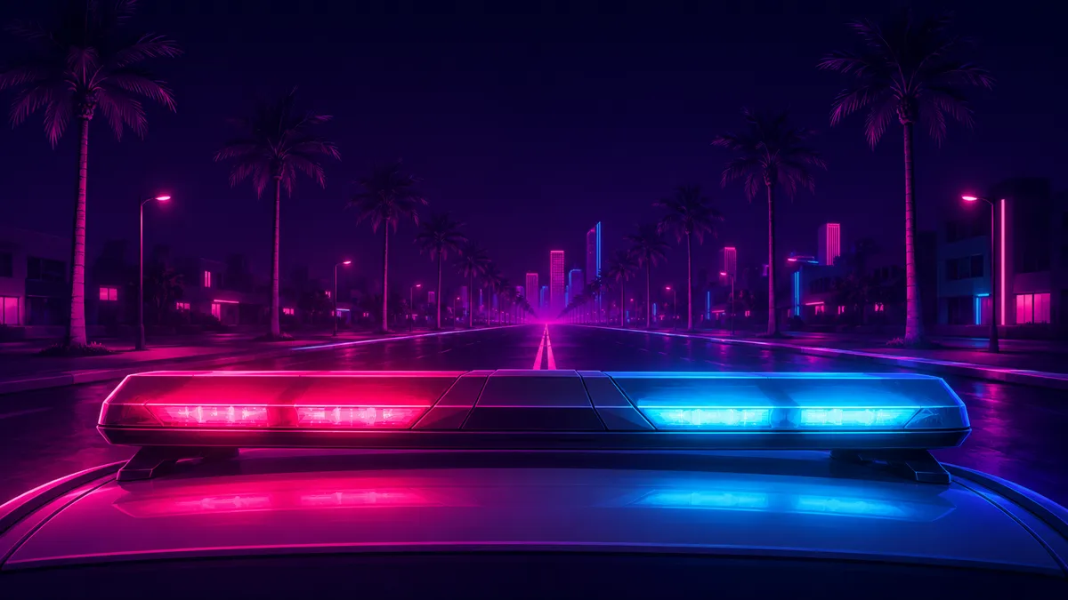 Police light bar over a palm-lined night street in neon style