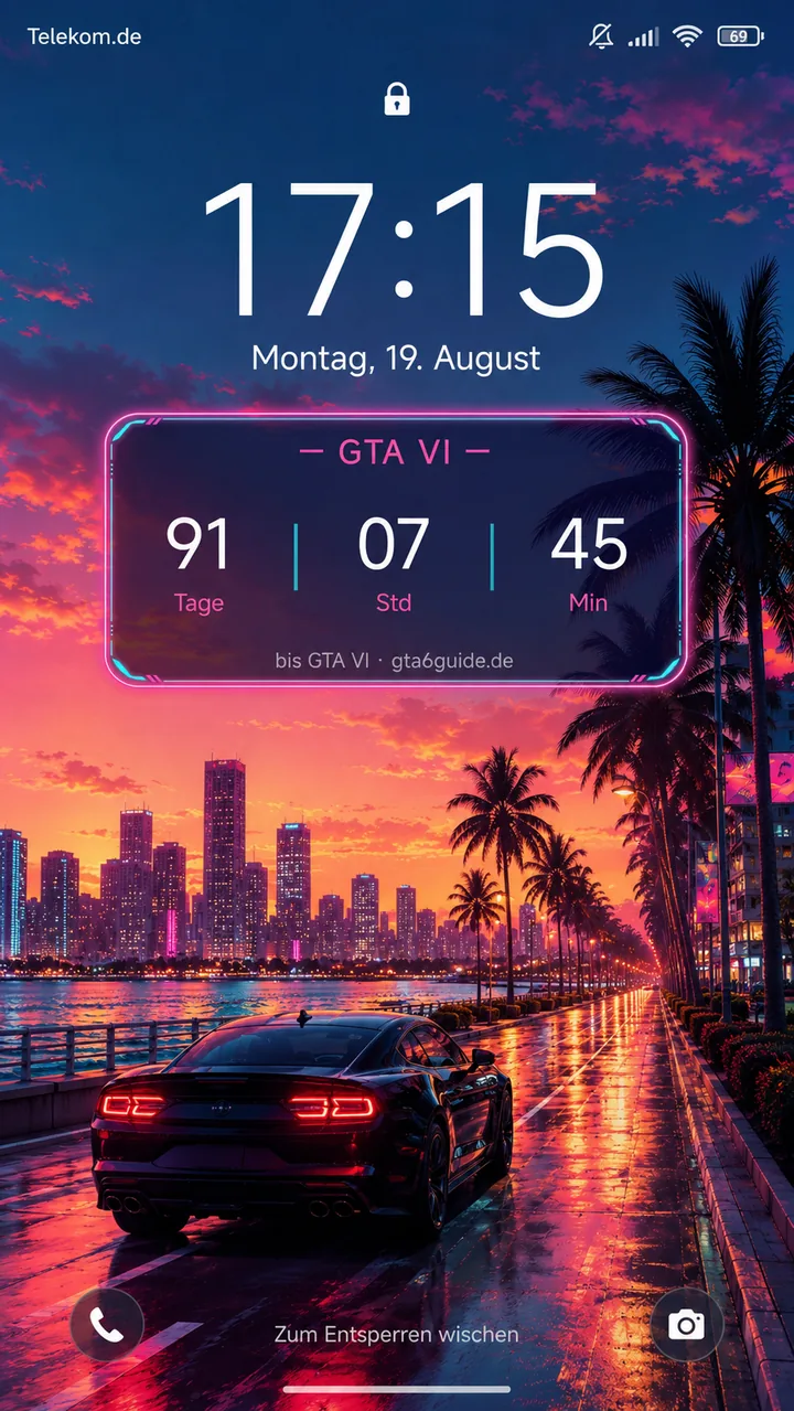 Android-Sperrbildschirm mit GTA-VI-Countdown-Widget im Neon-Rahmen vor Vice-City-Wallpaper